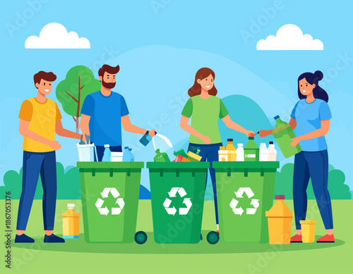 Four people sorting plastic waste into green recycling bins outdoors, promoting environmental conservation.