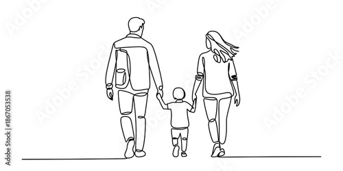 Continuous line art drawing of a family walking hand in hand, symbolizing love and unity Vector, illustration