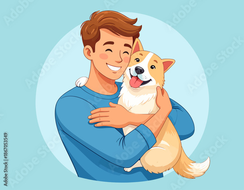 A smiling man in a blue shirt lovingly hugging a happy corgi dog illustration.
