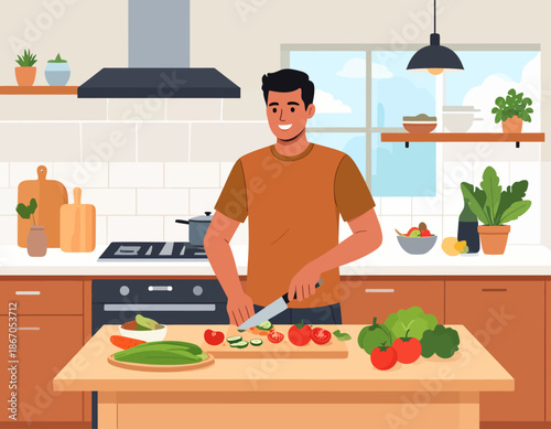 A smiling man chopping fresh vegetables on a wooden cutting board in a bright, modern kitchen.