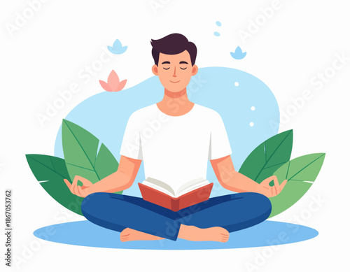 A man meditating in a lotus position with an open book on his lap, surrounded by leaves and flowers, symbolizing peace and mindful reading.