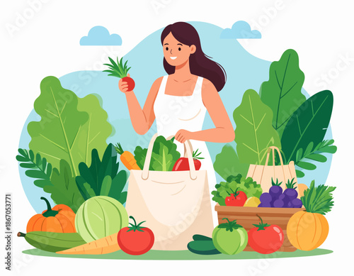 A woman holding a radish and a reusable bag filled with fresh vegetables, surrounded by an abundance of healthy produce and green foliage.