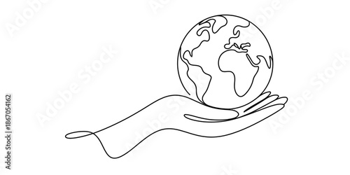 Continuous line drawing of a hand holding the planet earth in a protective gesture Vector, illustration