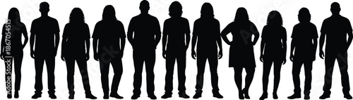 Large group of diverse people silhouettes standing in a row, black vector men and women crowd isolated on white background