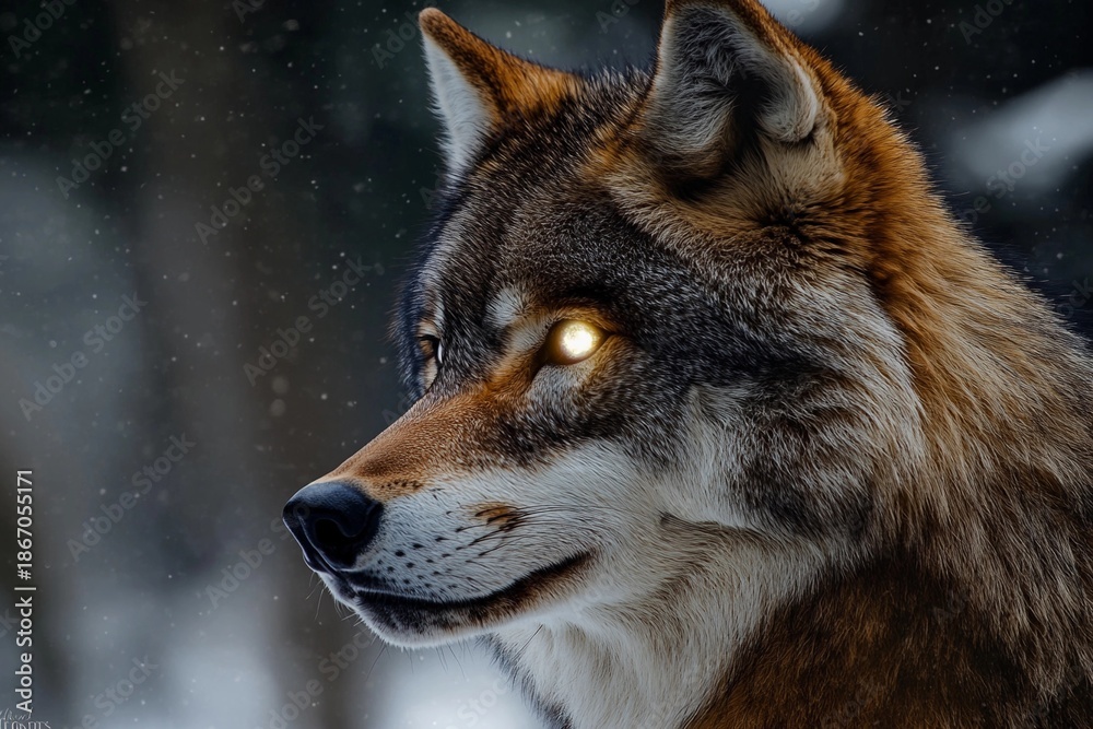Obraz premium Wolf with radiant eyes reflects the power of the moon in a mystical forest setting under twilight sky