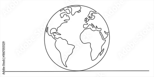 Minimalist one continuous line drawing of the earth globe with continents map on white background Vector, illustration