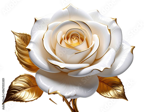 3D porcelain white rose with gold leaf trim luxury design,white background