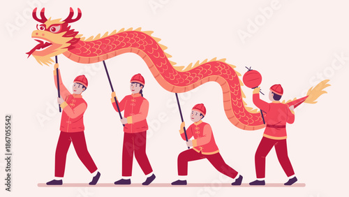 Group Performing Dragon Dance for Chinese New Year Celebration