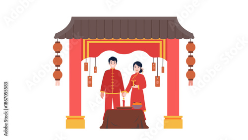 Cultural Celebration, Couple, Traditional Pavilion, Illustration, Festive Atmosphere, Front View, Unity Concept