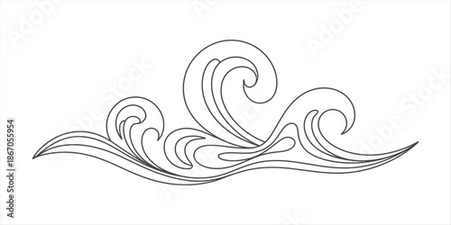 This black and white illustration depicts a repeating pattern of stylized ocean waves. The design uses continuous, flowing lines to capture the movement and energy of cresting water. It's rendered in 