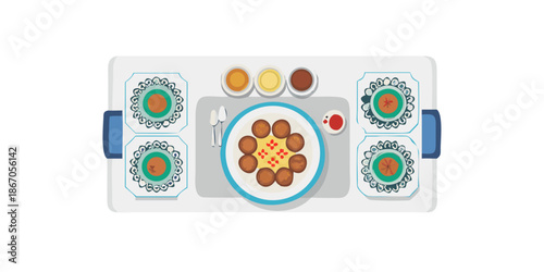 Dining setup with colorful plates and food
