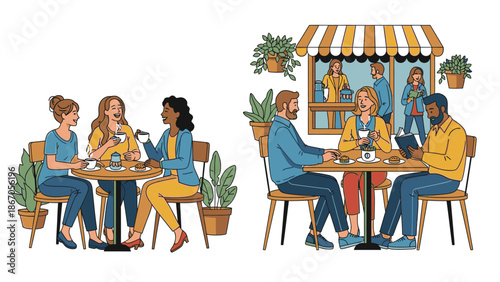 Vector illustration of diverse people socializing and enjoying meals at outdoor cafe tables with potted plants and awning in a lively, evergreen setting in the world of business and