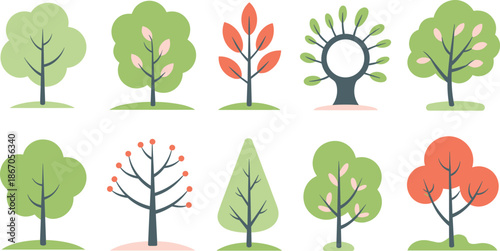 Minimalist Tree Illustration Set with Diverse Foliage and Seasonal ColorsMinimalist Tree Illustration Set with Diverse Foliage and Seasonal Colors
