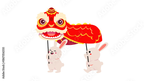 Lion Dance Performance with Rabbits in Festive Scene