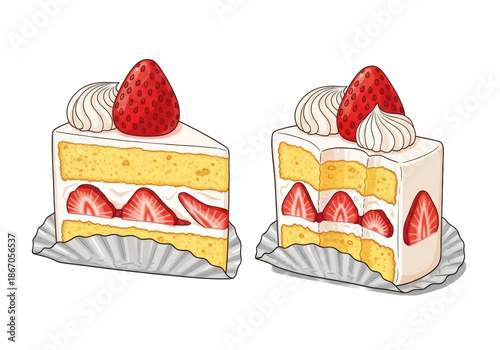 Two vibrant cartoon strawberry shortcake slices, one intact, one bitten, with layered cake, whipped cream, sliced strawberries, topped with a whole berry, in silver wrappers on transparent, concept