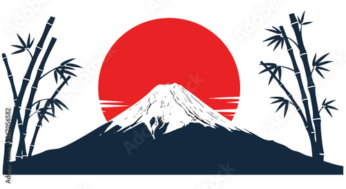 Majestic Mountain Landscape with Bamboo and Sunset Illustration, Fuji mountain illustration, Japan Mountain Illustration