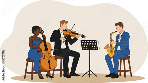 Classical Music Trio Illustration with Cello, Violin, and Saxophone PlayersClassical Music Trio Illustration with Cello, Violin, and Saxophone Players