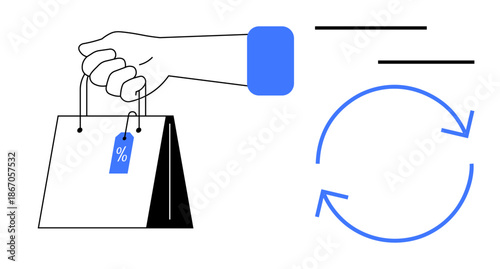Hand carrying shopping bag with discount tag, surrounded by circular arrows. Ideal for retail, shopping, sales, discounts, returns, commerce and business cycles. Simple flat metaphor