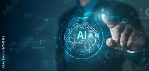 Fotografia machine, learning, algorithm, data, A futuristic digital interface with AI and machine learning elements, showing algorithms, data patterns, neural networks, and advanced technology innovation