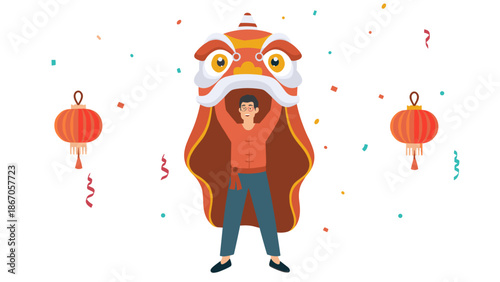 Traditional Chinese Lion Dance Performance with Lanterns Illustration