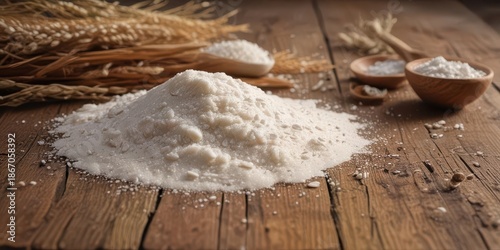 White rice flour scattered around a rustic wooden table with natural elements ,  grain,  flour