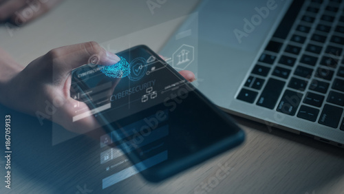 Tableau sur toile Biometric identity verification concept with fingerprint scan on smartphone and laptop, representing secure login, passkey authentication, privacy protection, and advanced cybersecurity technology