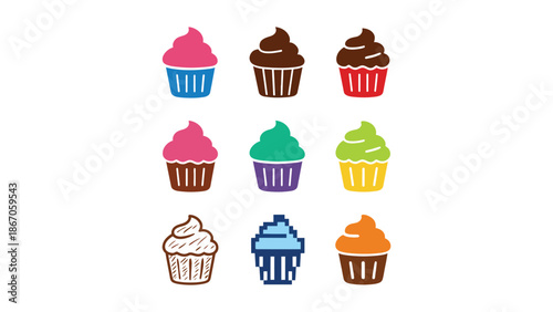 Colorful cupcake icons in various styles and flavors