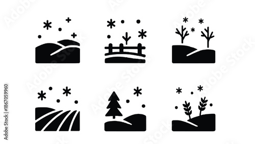 Snowy landscape icons with hills, trees, and fence