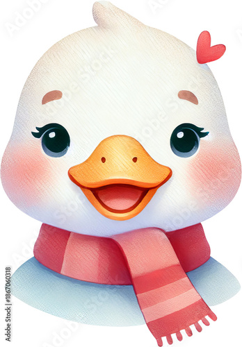 Cute duck cartoon duck valentines day pink heart red scarf happy bird kawaii animal digital