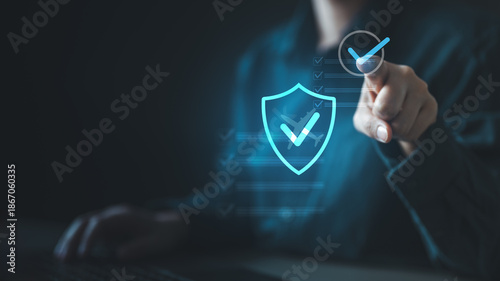 фотографія Travel insurance concept with digital shield and checkmark interface, representing trip protection, coverage verification, safety, and reliable travel planning for passengers and global travelers