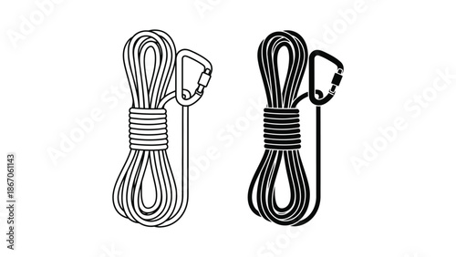 Climbing ropes with carabiners in different styles and colors