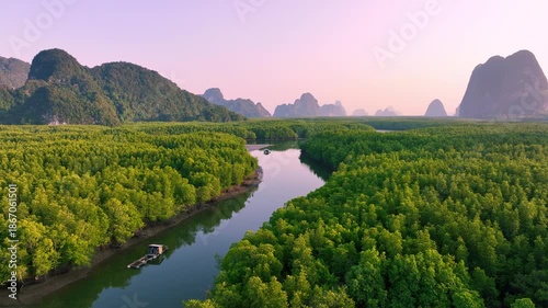 Aerial photographs show lush, sun-kissed mangrove forests in Phang Nga Bay, with mountains as a backdrop in Thailand.