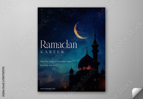 Ramadan Kareem Greeting Card, Editable Social Media Template with Mosque Illustration Under Crescent Moon and Starry Sky Background.