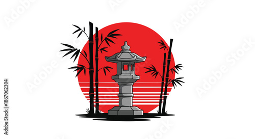Serene Japanese stone lantern stands amidst bamboo and red sun, symbolizing tranquility and cultural heritage in a minimalist illustration.