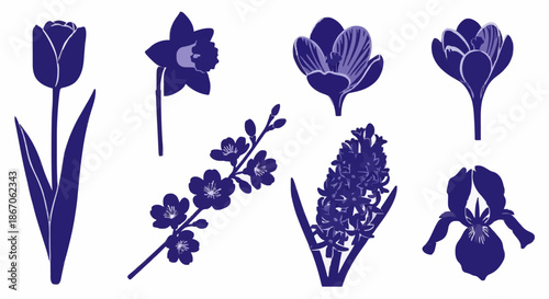 Collection of Seven Minimalist Deep Blue Floral Silhouettes Featuring Spring Favorites Like Tulips and Hyacinths