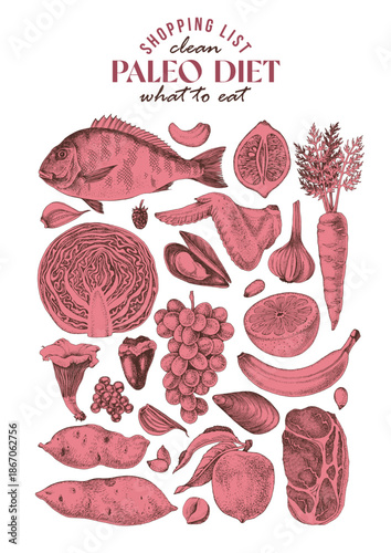 Paleo diet ingredients vector poster