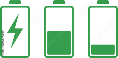 Three green battery showing full half and low charge levels power energy