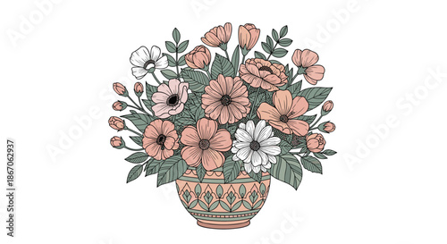 Colorful bouquet of various spring flowers arranged in a decorated ceramic vase featuring detailed hand-drawn style and soft color tones.