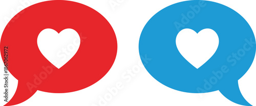 Two speech bubbles one red one blue with white hearts inside communication