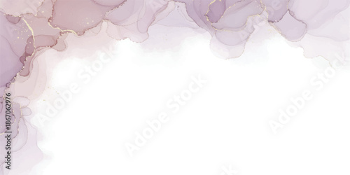 Elegant abstract background with flowing purple and pink alcohol ink textures and golden shimmer