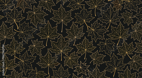 Luxury seamless pattern featuring delicate gold line art maple leaves on a solid black background for high end fall season decor.