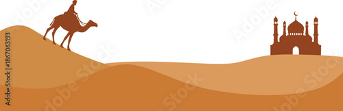 Flat desert scenery illustration featuring simple dunes and camel silhouette with clean composition and ample copy space