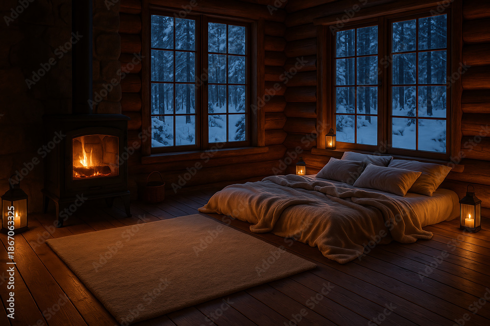 Fototapeta premium A cozy wooden cabin bedroom with soft candlelight and snow visible through the windows, creating a peaceful winter retreat atmosphere of warmth and relaxation.