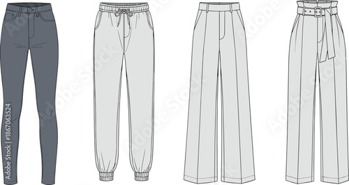 Women’s pants fashion illustration with skinny jeans, joggers, wide-leg trousers, and pleated high-waist style, transparent background