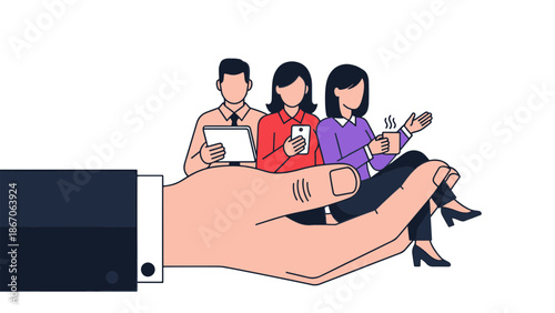 A hand holding three women sitting on a smartphone, illustrating modern technology and social media usage