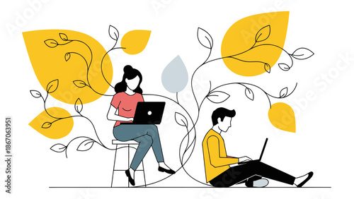 Two individuals working on laptops amidst decorative foliage