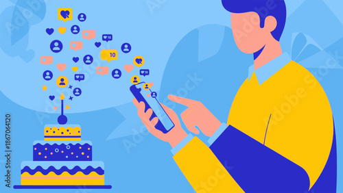 Man capturing celebration moment with mobile phone beside cake