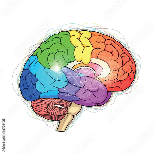 Illustration of a human brain with colorful sections on a white background, showcasing detailed anatomy and vibrant hues.