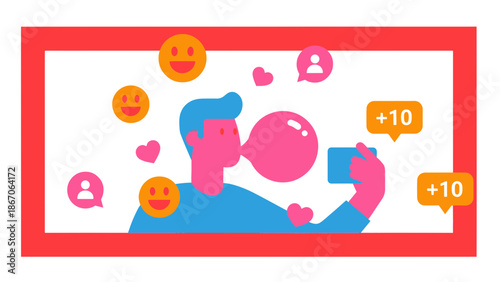 A person using a mobile device with social media notifications and likes surrounding them in a digital space.