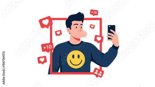A smiling man taking a selfie surrounded by social media icons and notifications